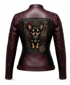 Women’s Burgundy Leather Motorcycle Jacket with Custom Embroidery – Chihuahua Graphic Biker Jacket