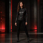 Women’s Black Bat Emblem Leather Biker Jacket | Red Trim Moto Jacket