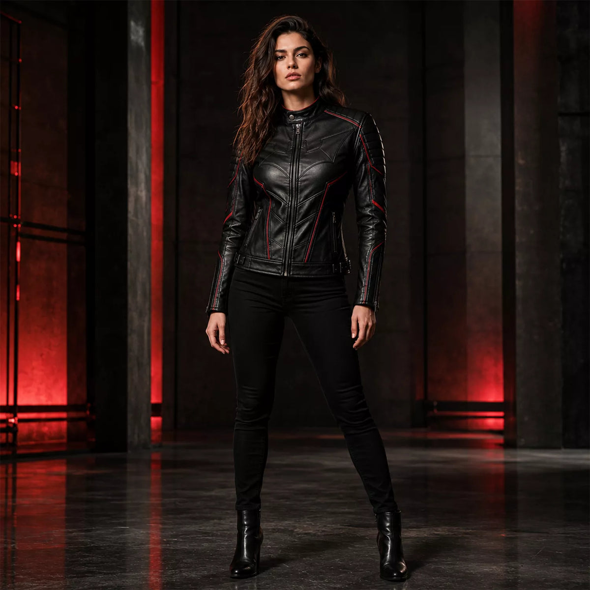 Women’s Black Bat Emblem Leather Biker Jacket | Red Trim Moto Jacket