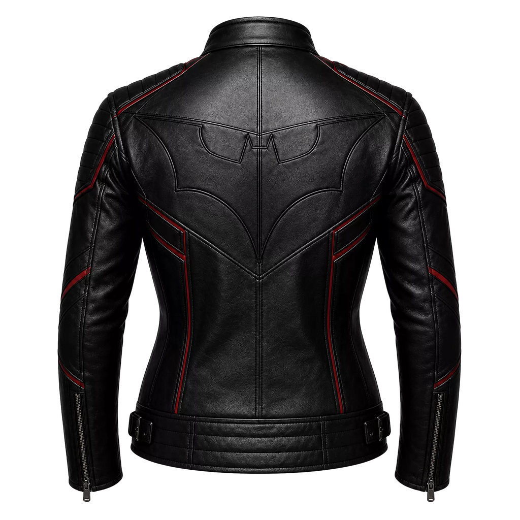 Women’s Black Bat Emblem Leather Biker Jacket | Red Trim Moto Jacket