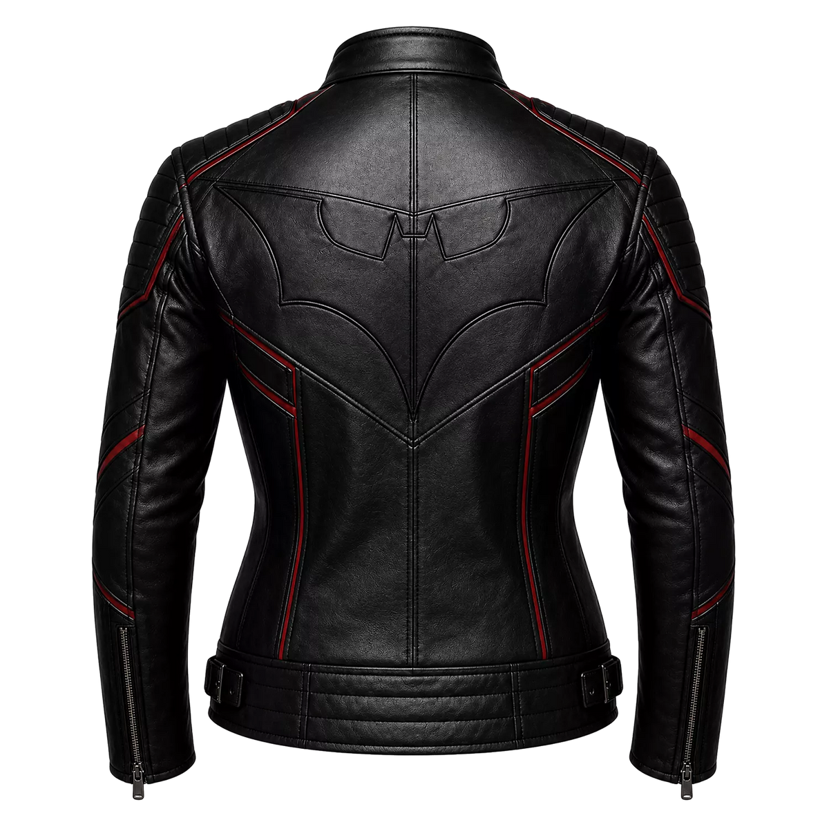 Women’s Black Bat Emblem Leather Biker Jacket | Red Trim Moto Jacket