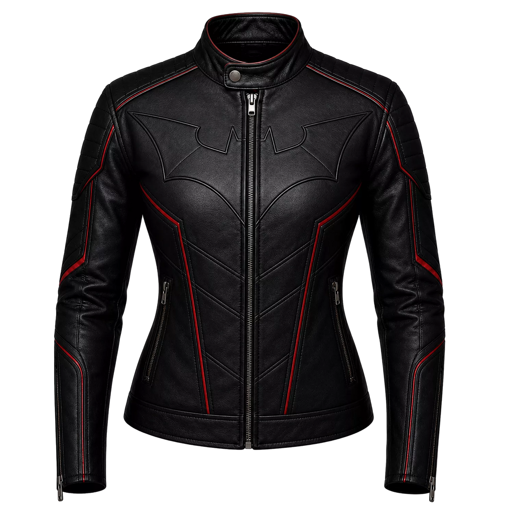 Women’s Black Bat Emblem Leather Biker Jacket | Red Trim Moto Jacket