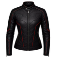 Women’s Black Bat Emblem Leather Biker Jacket | Red Trim Moto Jacket