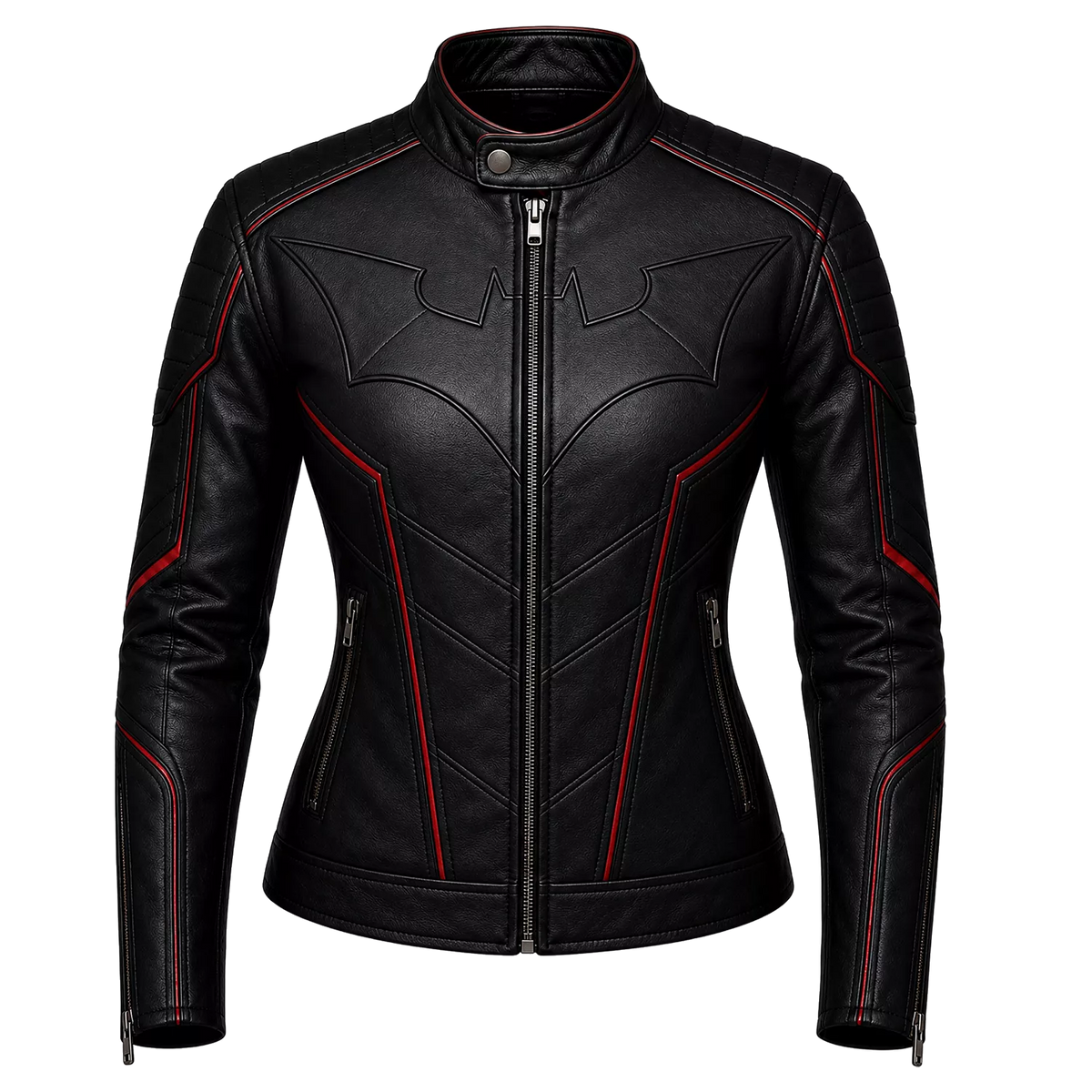 Women’s Black Bat Emblem Leather Biker Jacket | Red Trim Moto Jacket