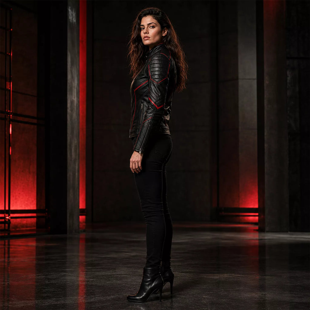 Women’s Black Bat Emblem Leather Biker Jacket | Red Trim Moto Jacket