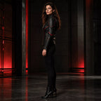 Women’s Black Bat Emblem Leather Biker Jacket | Red Trim Moto Jacket