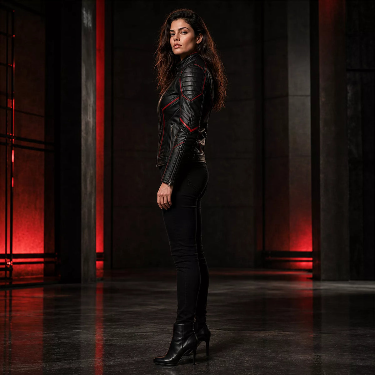 Women’s Black Bat Emblem Leather Biker Jacket | Red Trim Moto Jacket