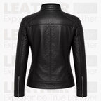 Women’s Black Biker Leather Jacket – Quilted Shoulder Café Racer Jacket