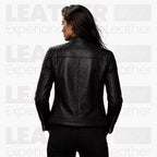 Women’s Black Biker Leather Jacket – Quilted Shoulder Café Racer Jacket