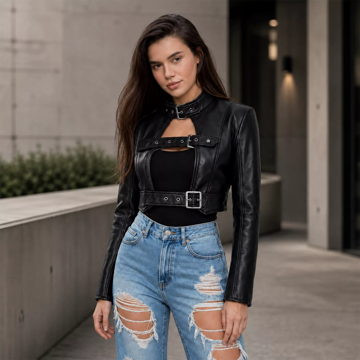 Women’s Black Buckle Cropped Leather Jacket | Edgy Cut-Out Biker Style