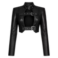 Women’s Black Buckle Cropped Leather Jacket | Edgy Cut-Out Biker Style