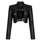Women’s Black Buckle Cropped Leather Jacket | Edgy Cut-Out Biker Style