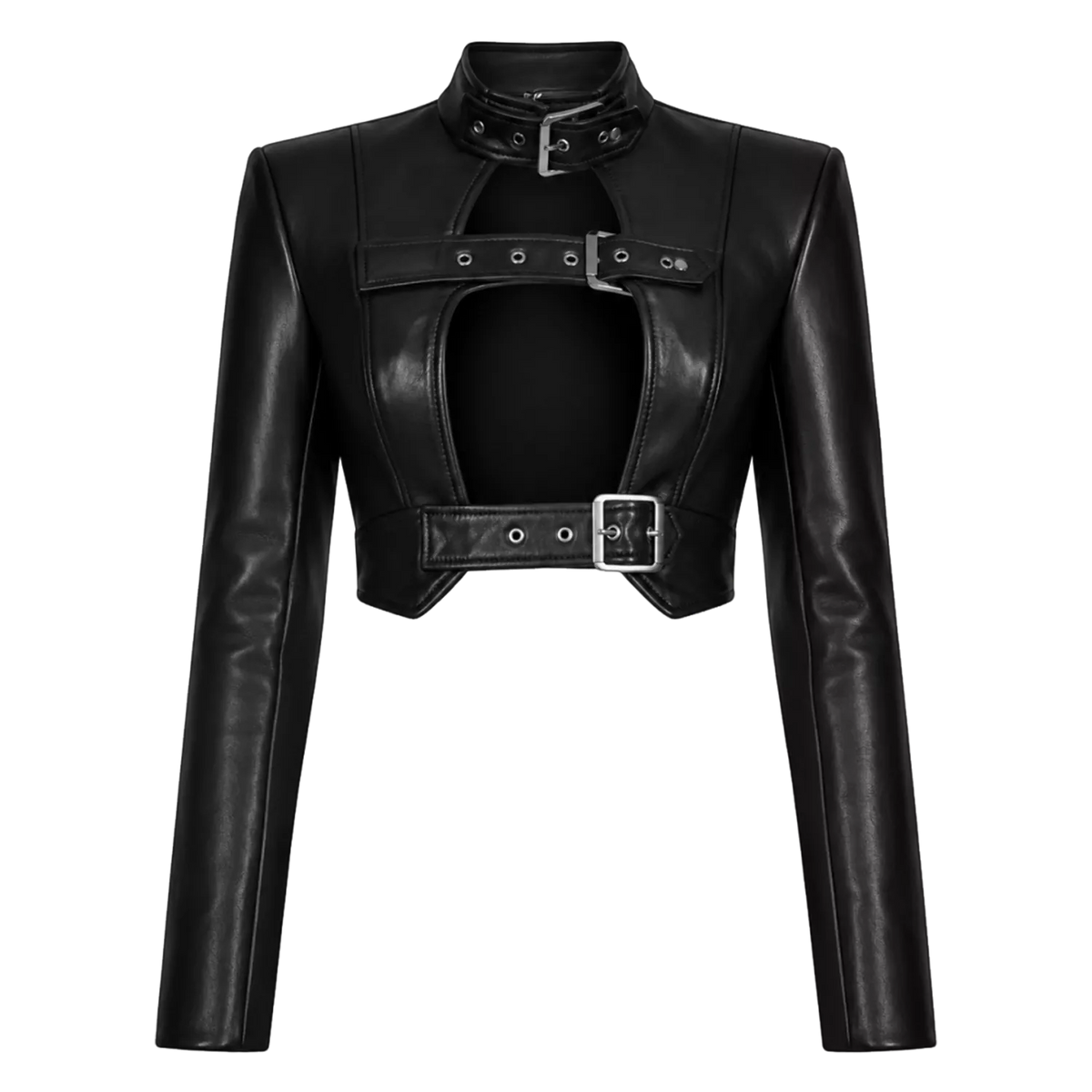 Women’s Black Buckle Cropped Leather Jacket | Edgy Cut-Out Biker Style