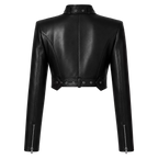 Women’s Black Buckle Cropped Leather Jacket | Edgy Cut-Out Biker Style