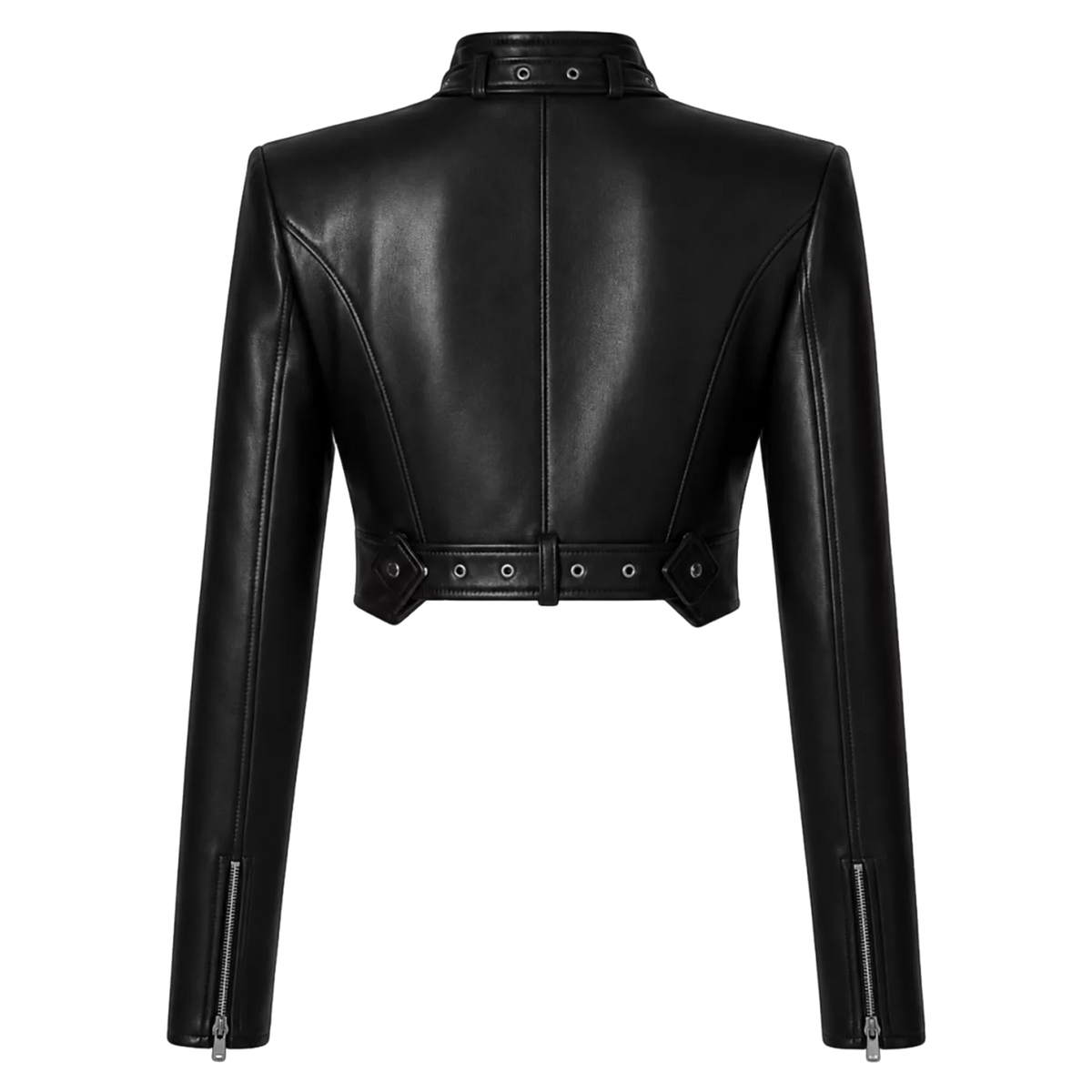 Women’s Black Buckle Cropped Leather Jacket | Edgy Cut-Out Biker Style