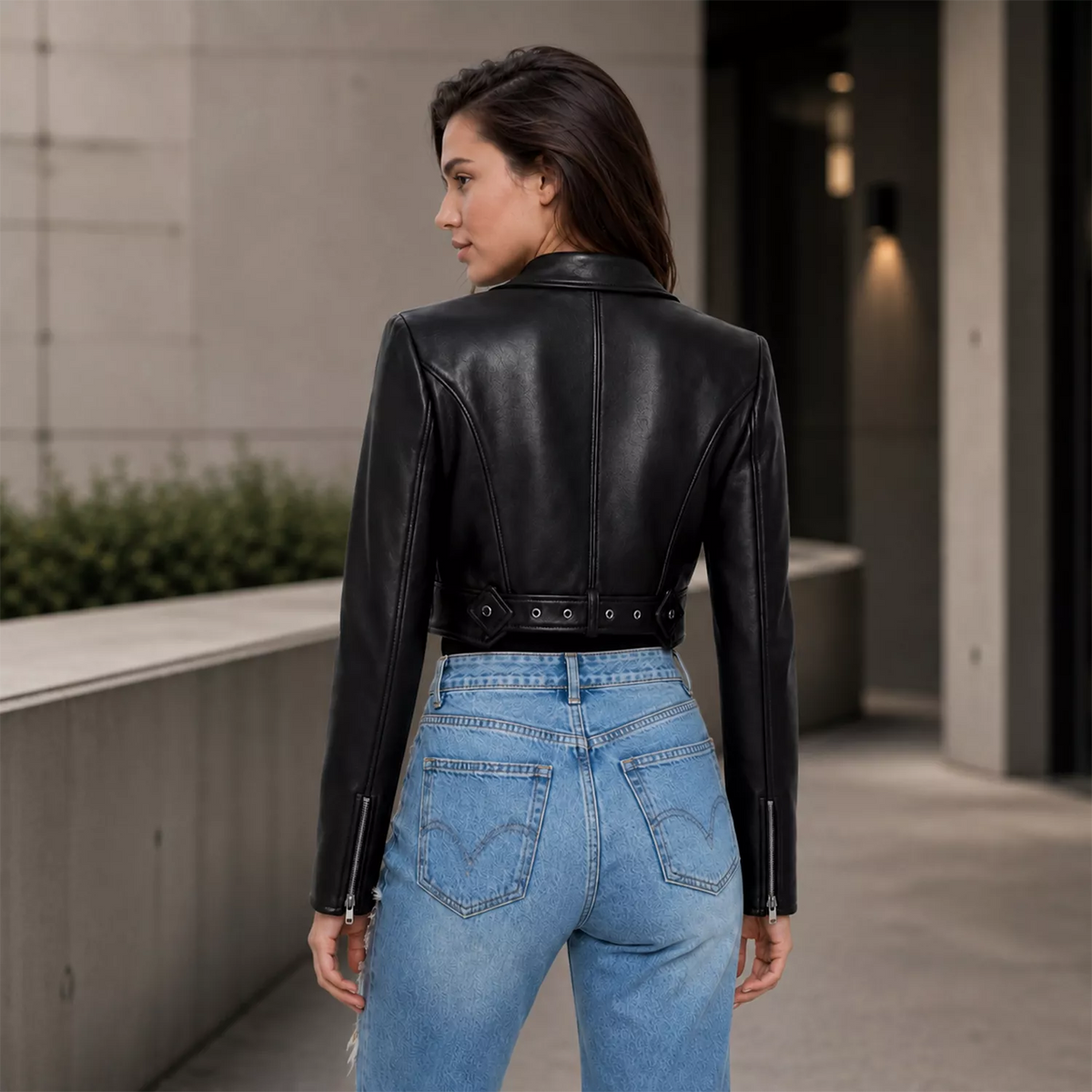 Women’s Black Buckle Cropped Leather Jacket | Edgy Cut-Out Biker Style