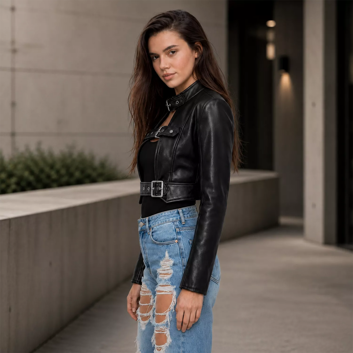 Women’s Black Buckle Cropped Leather Jacket | Edgy Cut-Out Biker Style