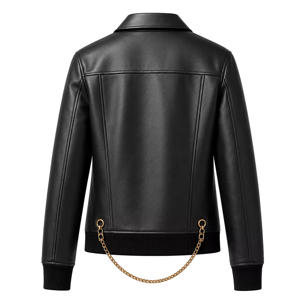 Women's Black Chain Detail Leather Biker Jacket | Gold Hardware Moto Jacket