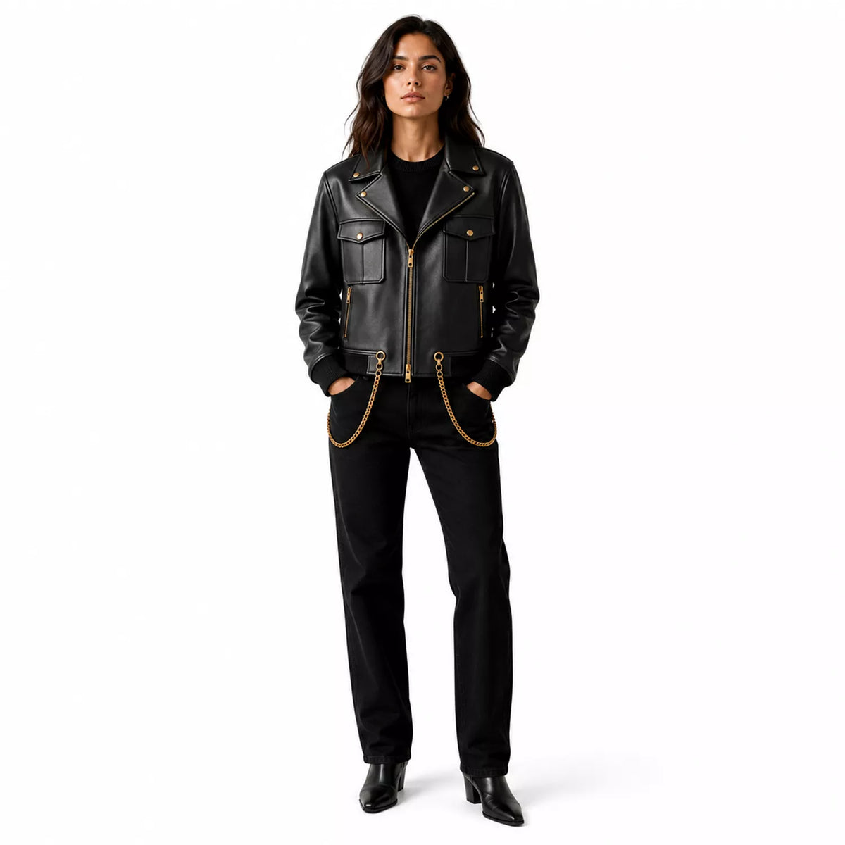 Women's Black Chain Detail Leather Biker Jacket | Gold Hardware Moto Jacket