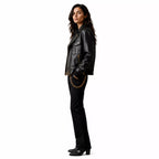 Women's Black Chain Detail Leather Biker Jacket | Gold Hardware Moto Jacket
