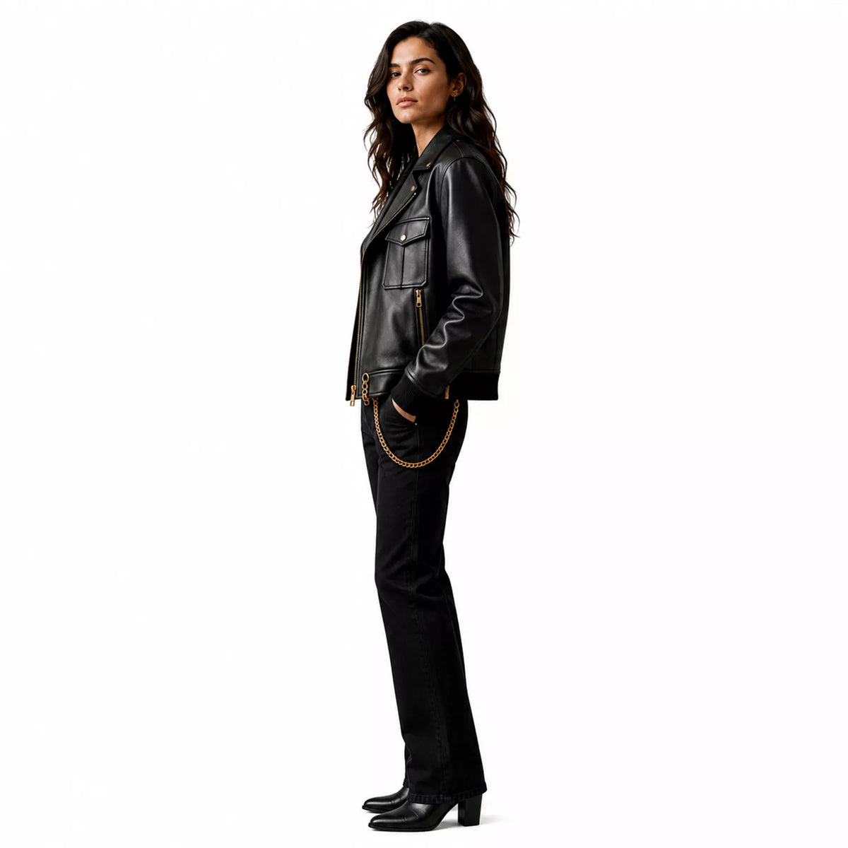 Women's Black Chain Detail Leather Biker Jacket | Gold Hardware Moto Jacket