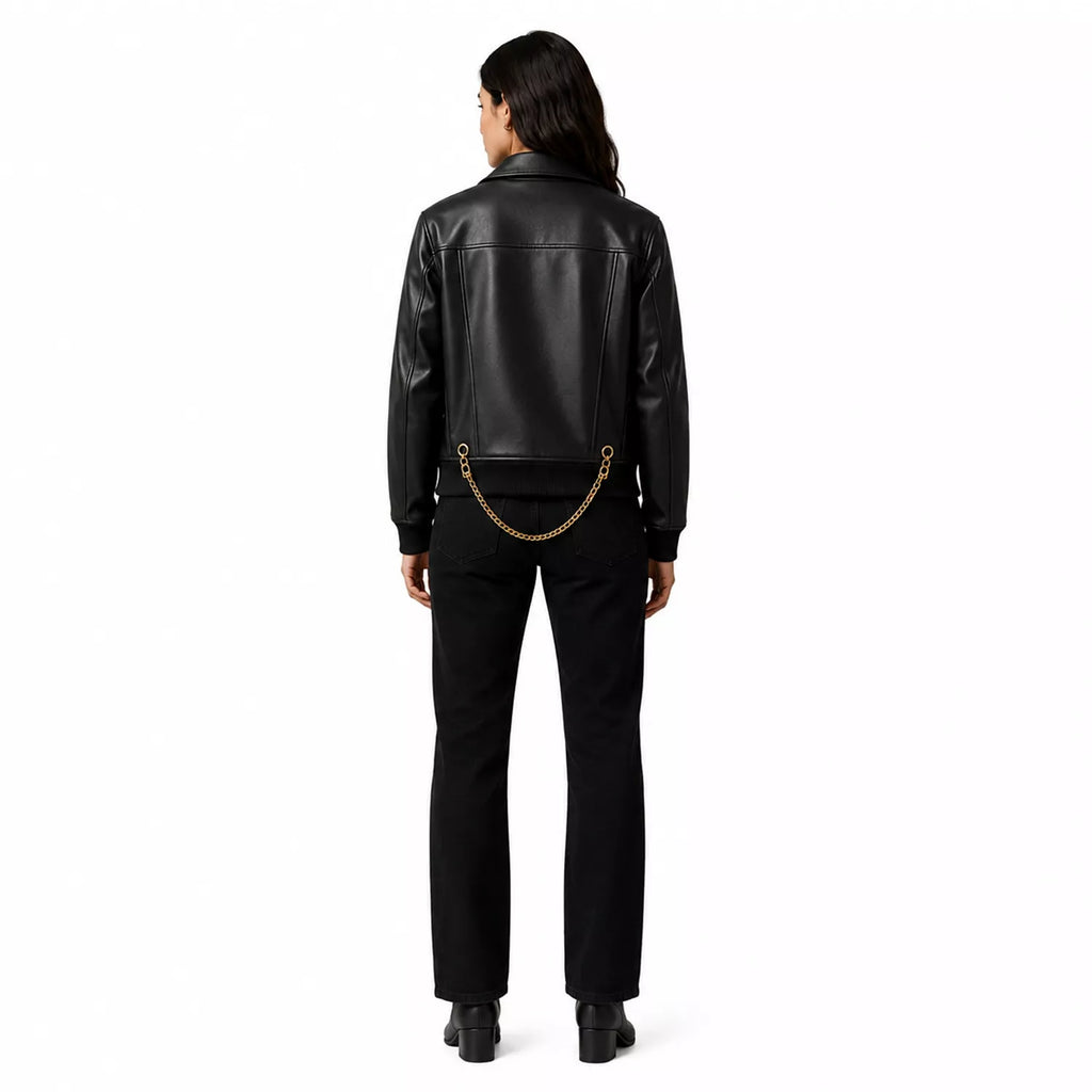Women's Black Chain Detail Leather Biker Jacket | Gold Hardware Moto Jacket