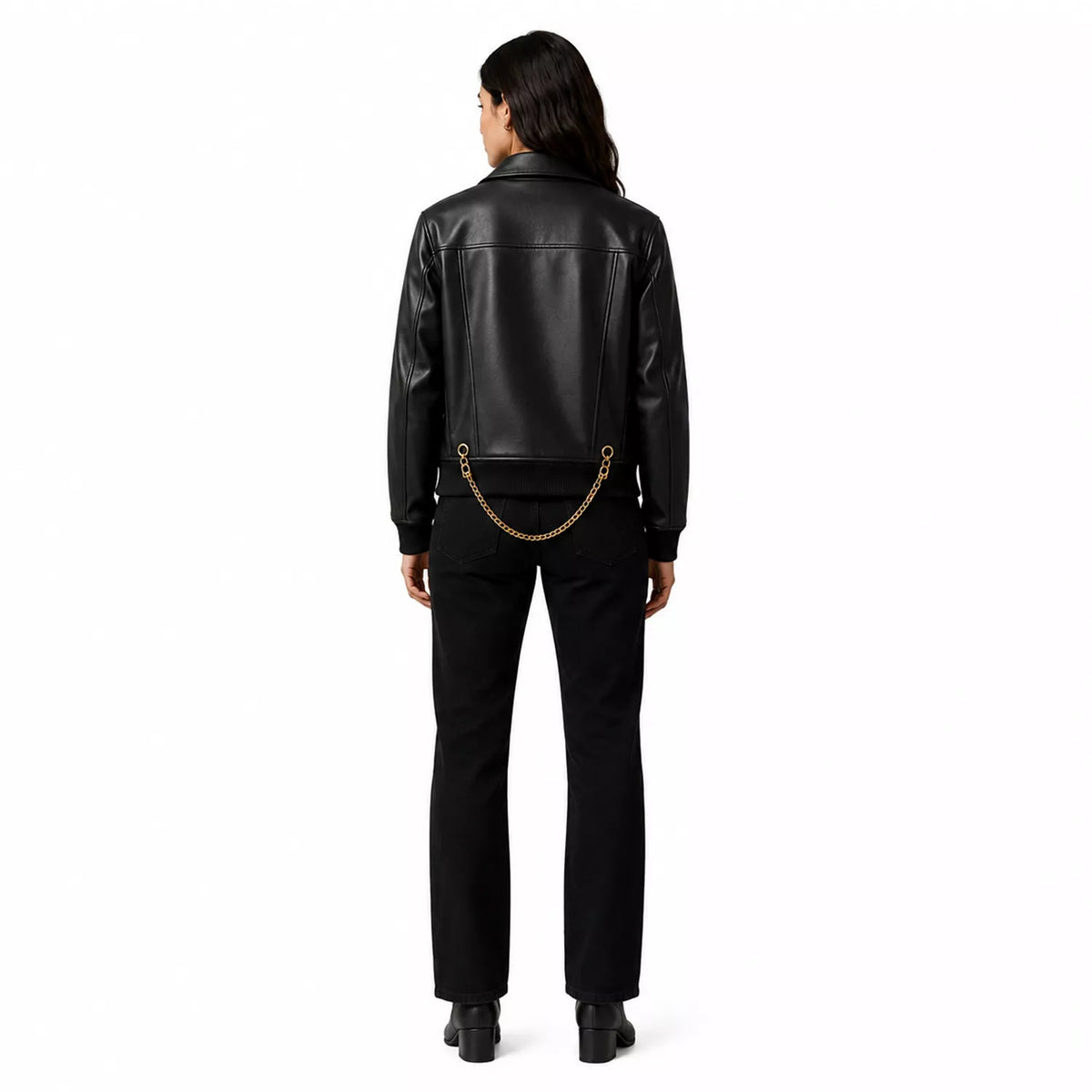 Women's Black Chain Detail Leather Biker Jacket | Gold Hardware Moto Jacket