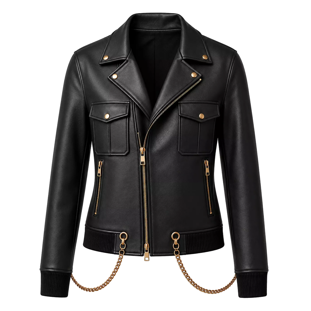Women's Black Chain Detail Leather Biker Jacket | Gold Hardware Moto Jacket