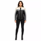 Women’s Black Cream Blue Leather Biker Jacket | Moto Style
