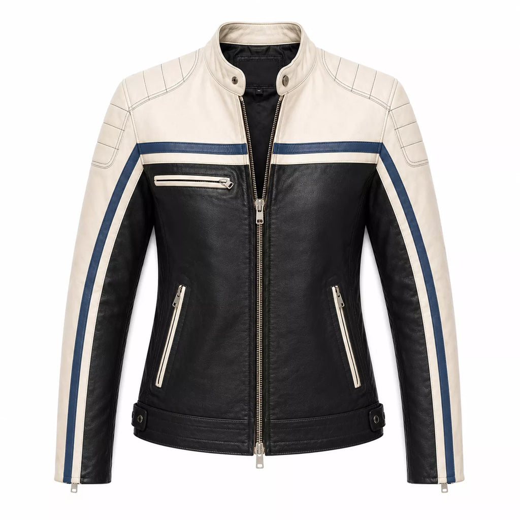 Women’s Black Cream Blue Leather Biker Jacket | Moto Style