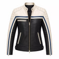 Women’s Black Cream Blue Leather Biker Jacket | Moto Style