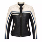 Women’s Black Cream Blue Leather Biker Jacket | Moto Style