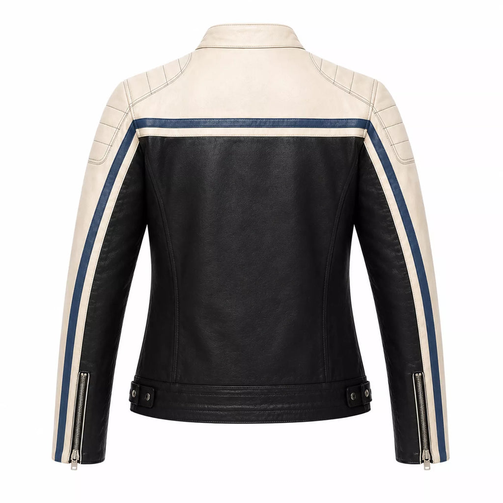 Women’s Black Cream Blue Leather Biker Jacket | Moto Style