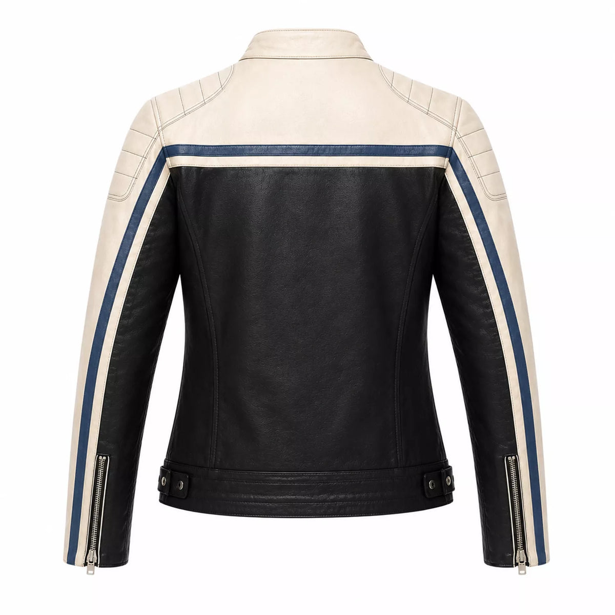 Women’s Black Cream Blue Leather Biker Jacket | Moto Style