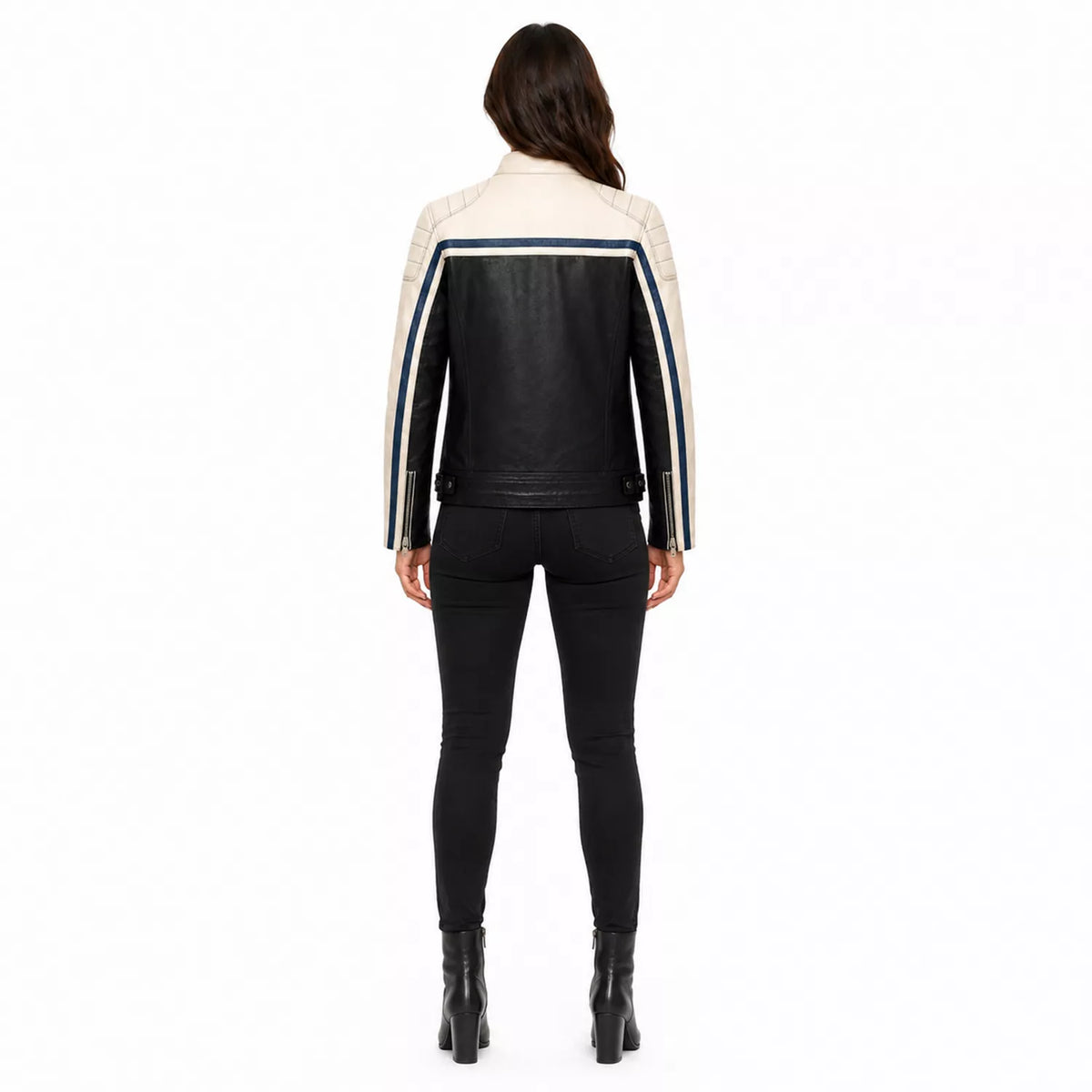 Women’s Black Cream Blue Leather Biker Jacket | Moto Style