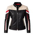 Women’s Black Cream Red Leather Moto Jacket | Racing Style Biker Jacket