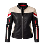 Women’s Black Cream Red Leather Moto Jacket | Racing Style Biker Jacket