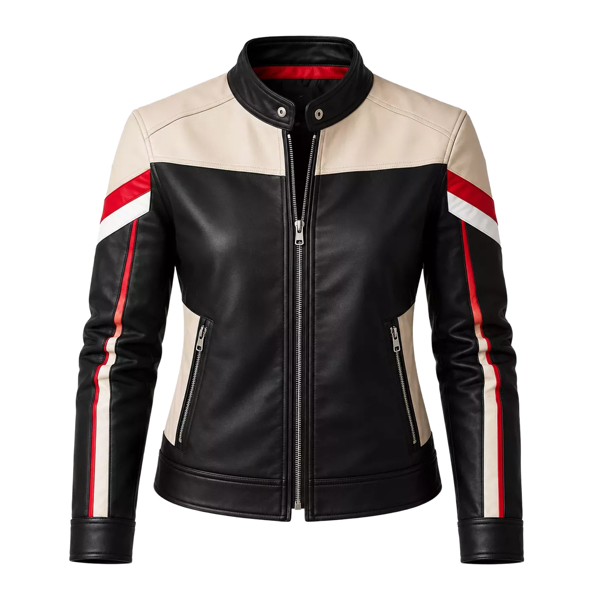 Women’s Black Cream Red Leather Moto Jacket | Racing Style Biker Jacket