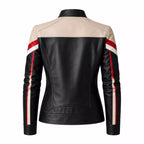 Women’s Black Cream Red Leather Moto Jacket | Racing Style Biker Jacket