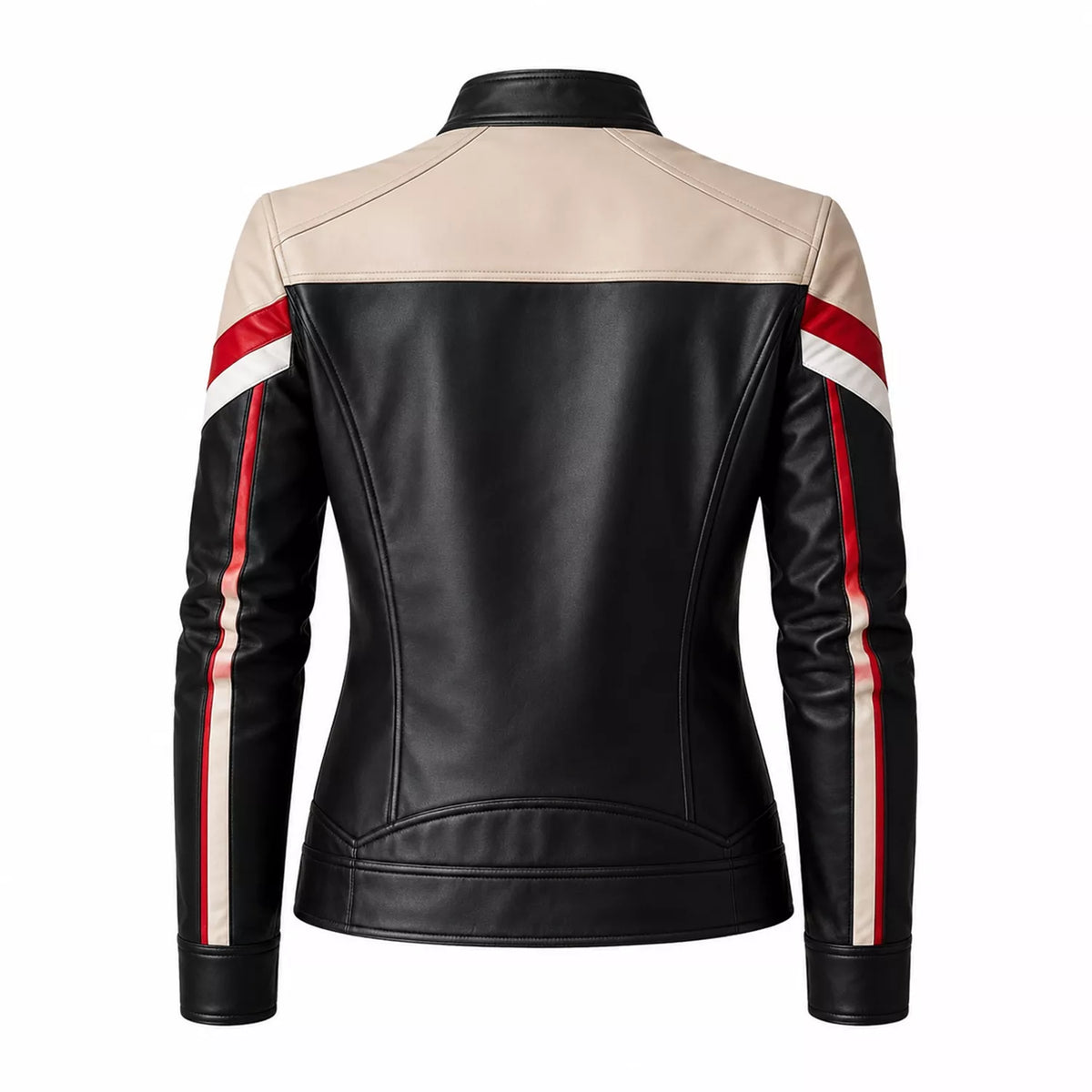 Women’s Black Cream Red Leather Moto Jacket | Racing Style Biker Jacket