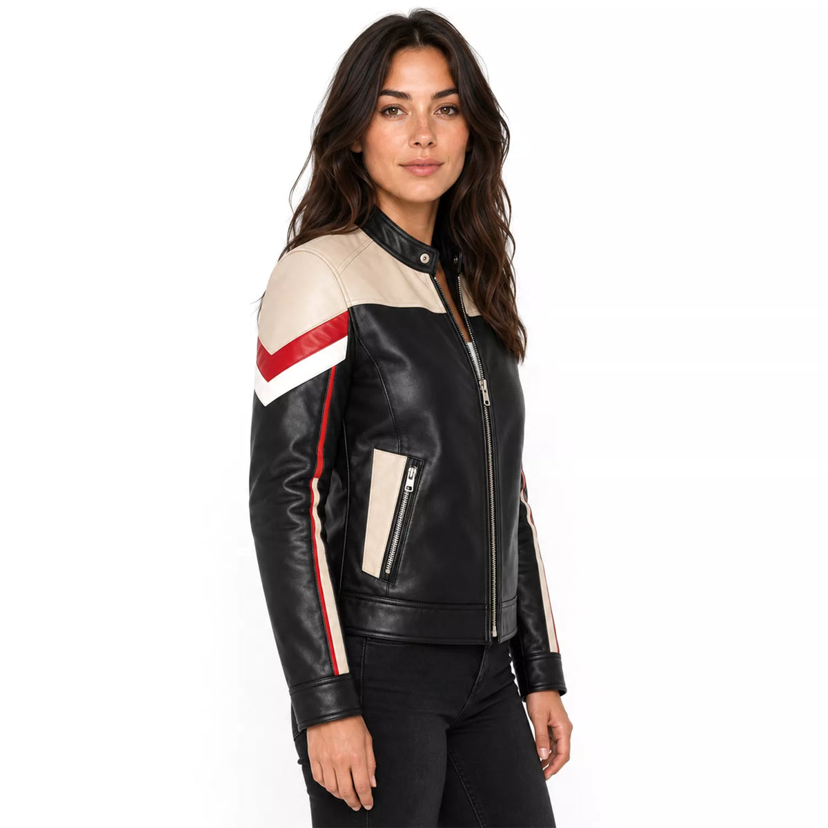 Women’s Black Cream Red Leather Moto Jacket | Racing Style Biker Jacket