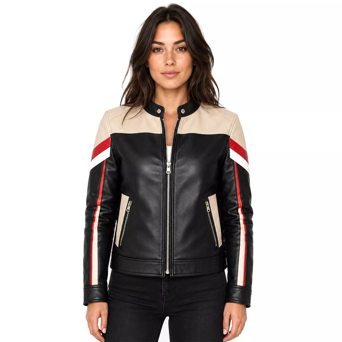 Women’s Black Cream Red Leather Moto Jacket | Racing Style Biker Jacket