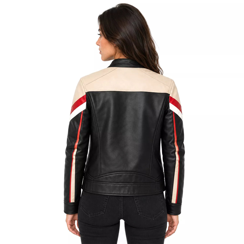 Women’s Black Cream Red Leather Moto Jacket | Racing Style Biker Jacket