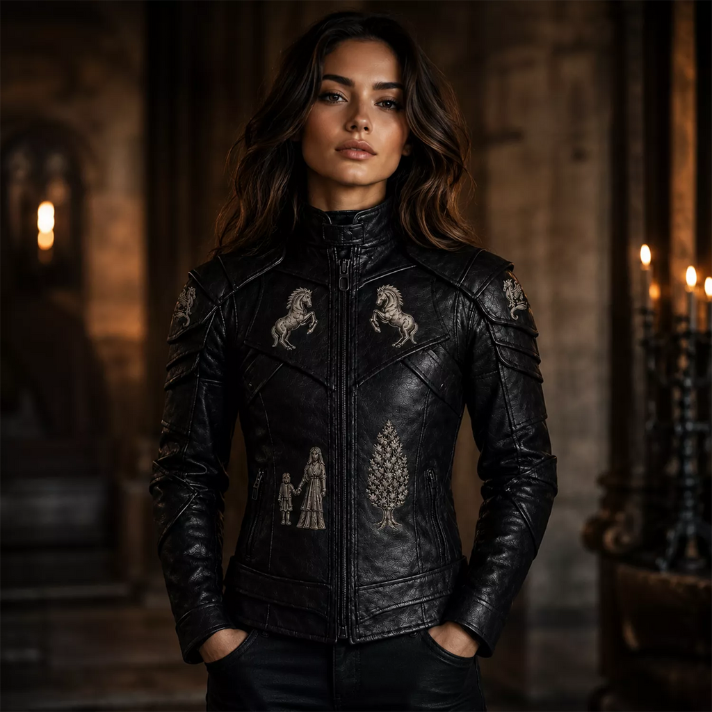 Women’s Black Heritage Emblem Leather Biker Jacket | Custom Graphic Motorcycle Jacket