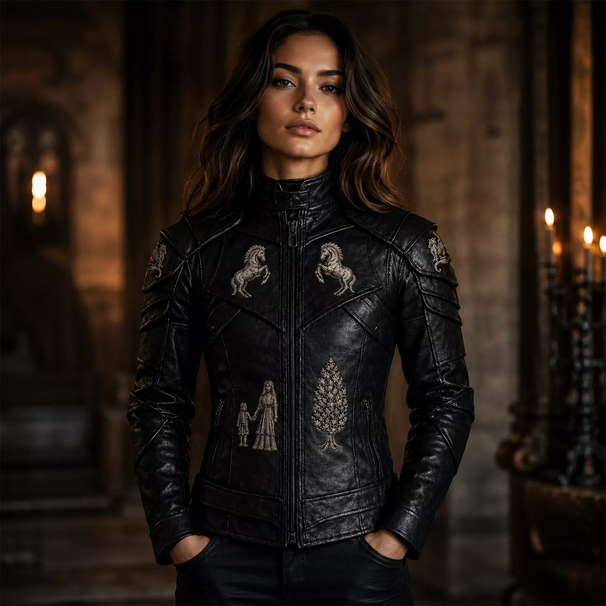 Women’s Black Heritage Emblem Leather Biker Jacket | Custom Graphic Motorcycle Jacket