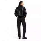 Women’s Black Leather Bomber Jacket | Cropped Varsity Style