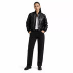Women’s Black Leather Bomber Jacket | Cropped Varsity Style