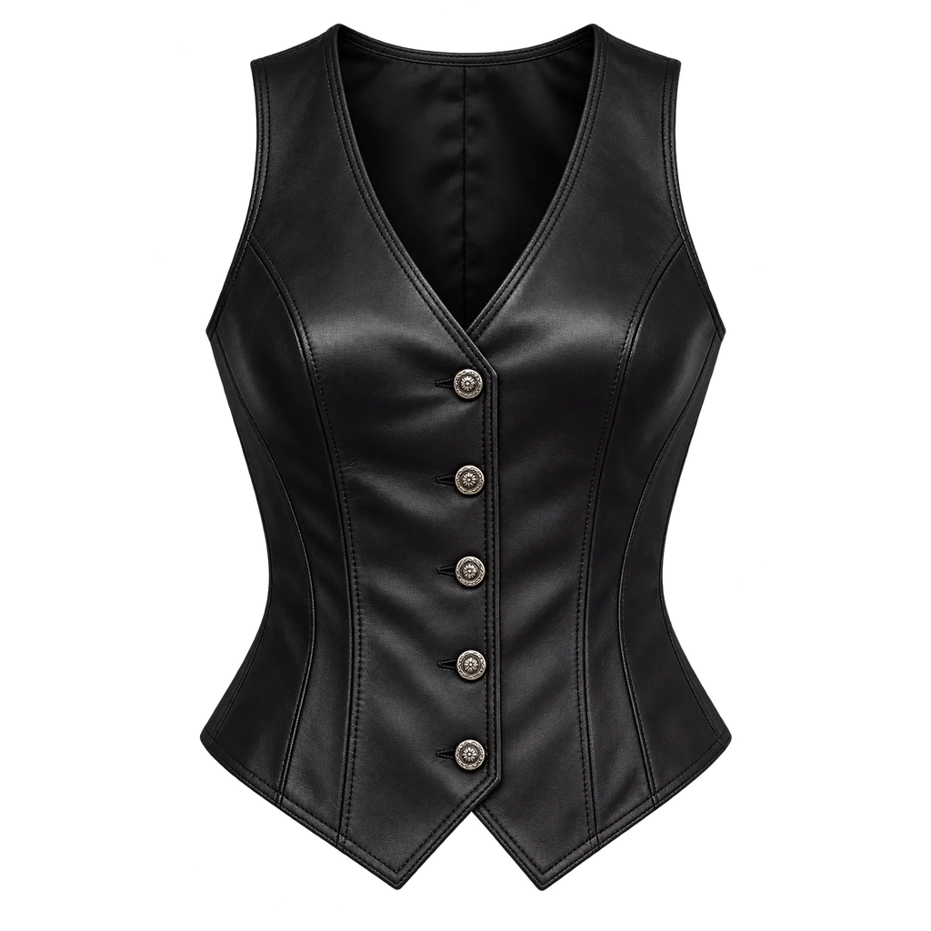 Women’s Black Leather Button Vest | Fitted V-Neck Waistcoat
