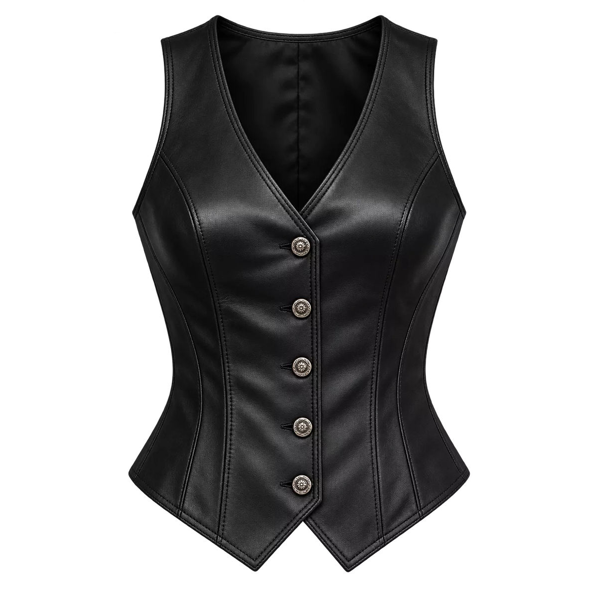 Women’s Black Leather Button Vest | Fitted V-Neck Waistcoat