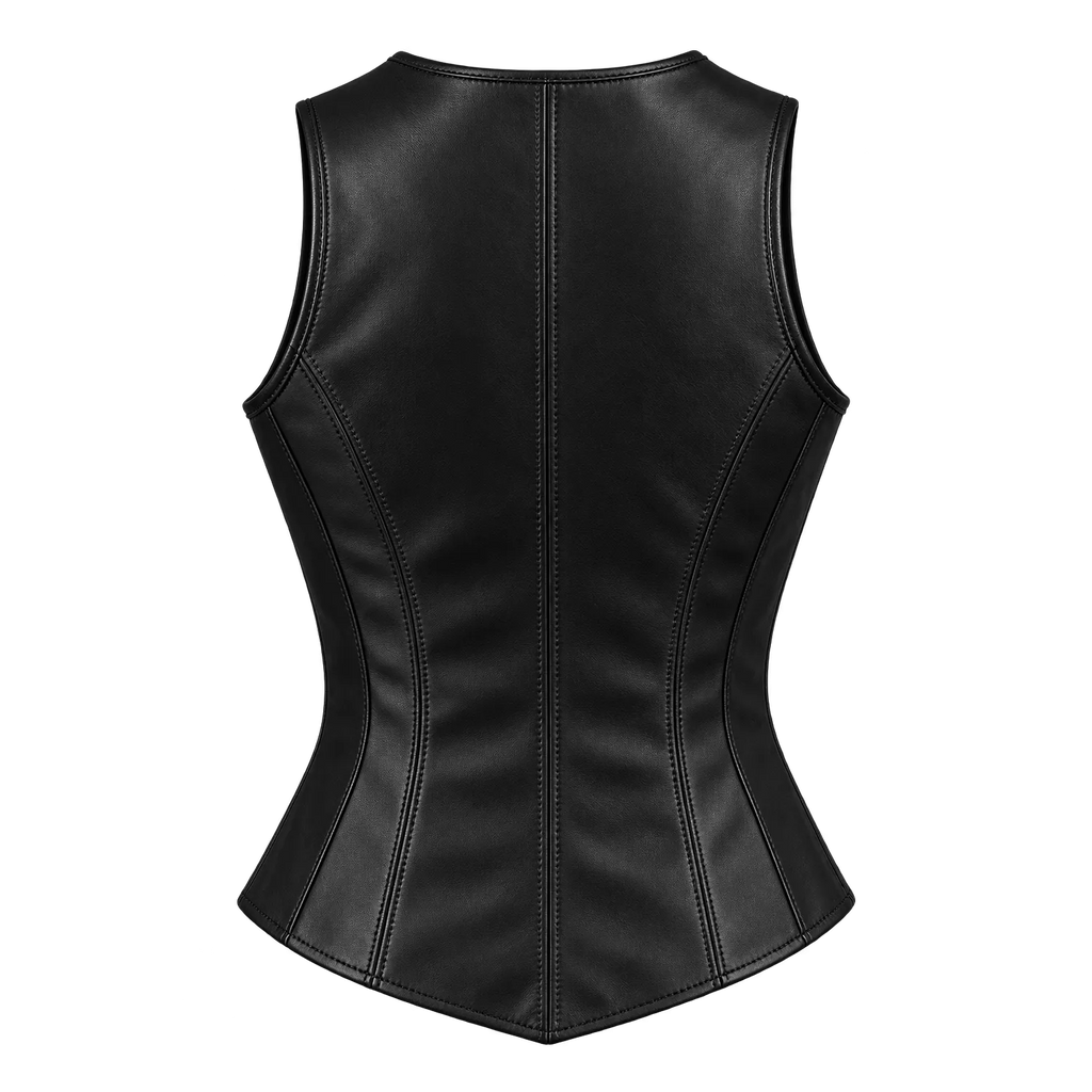 Women’s Black Leather Button Vest | Fitted V-Neck Waistcoat